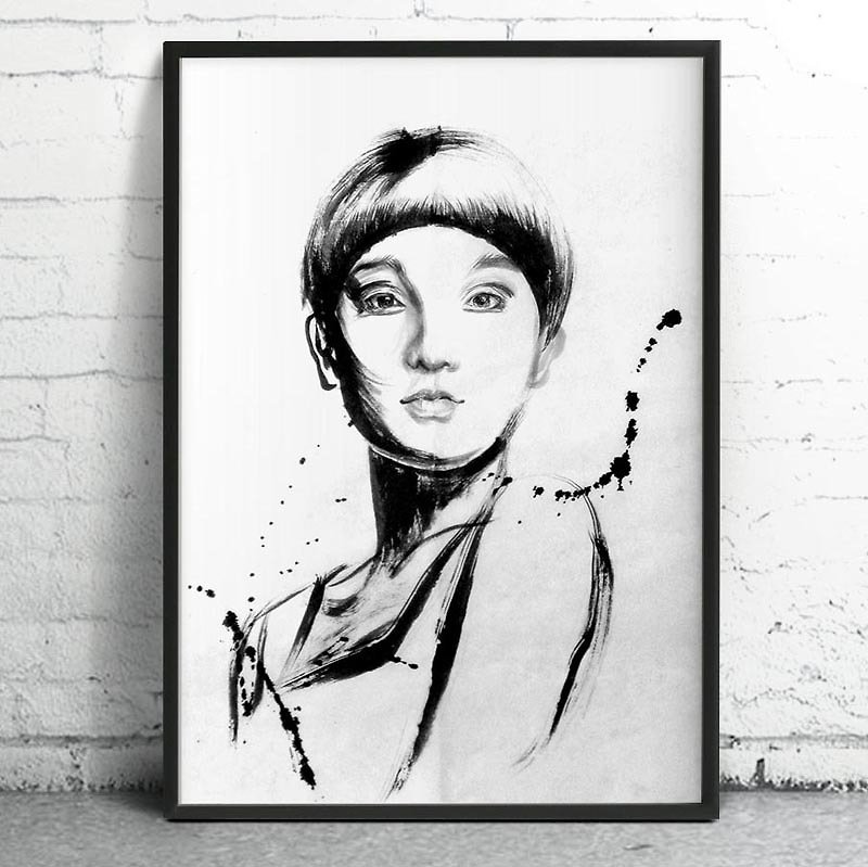 Custom hand-painted ink portrait 50cmx60cm living room painting - Customized Portraits - Paper White