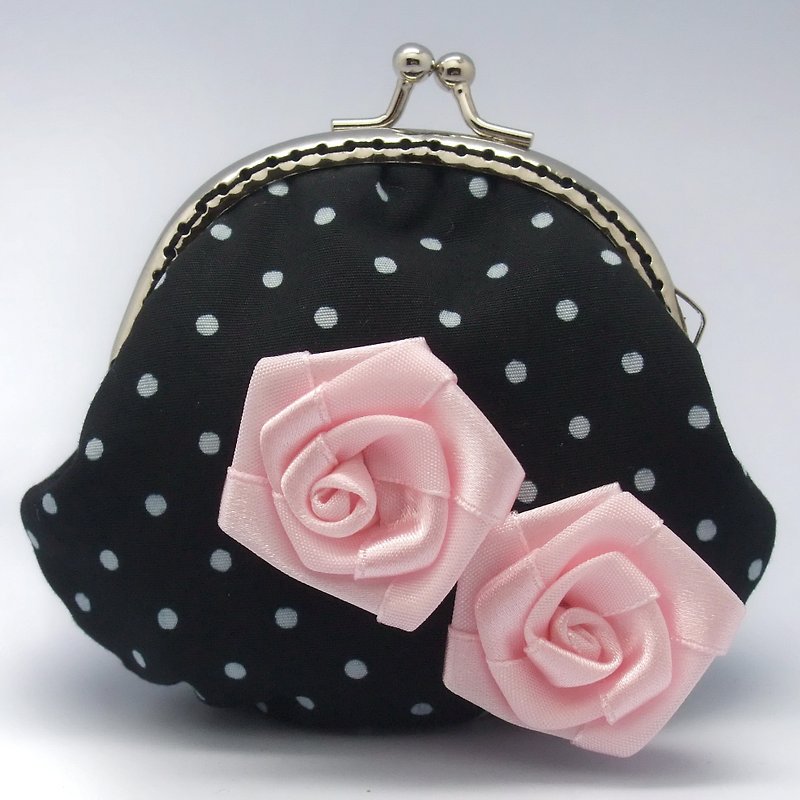 粉紅玫瑰花口金 零錢包 (S-30) - 零錢包/小錢包 - 棉．麻 黑色