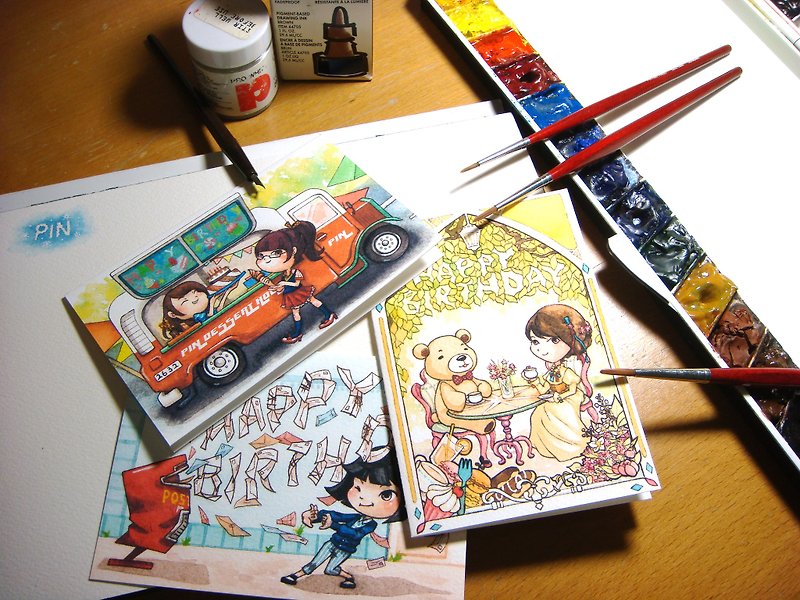 【Pin】Customized Watercolor Greeting Card - ภาพวาดบุคคล - กระดาษ หลากหลายสี