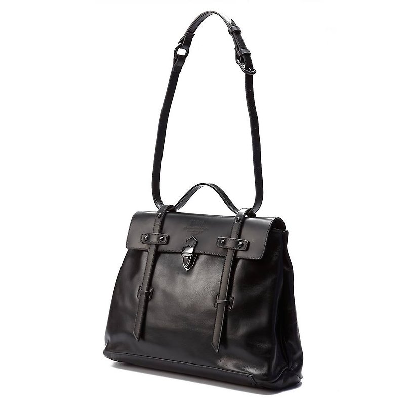 Small V-type bag full black Italian leather handbag section / shoulder bag / shoulder bag / Backpack - กระเป๋าแมสเซนเจอร์ - หนังแท้ สีดำ