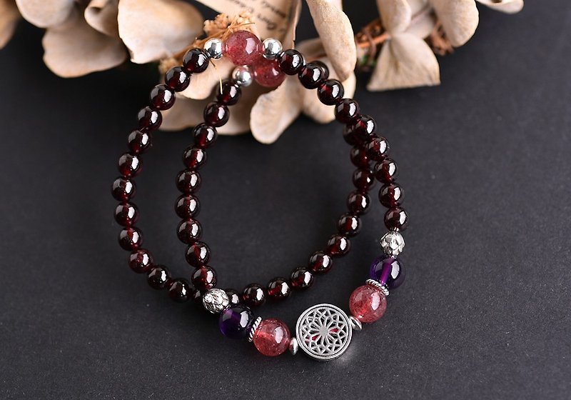 紅石榴石+紫水晶+草莓晶純銀花朵雙圈手鍊 - 手鍊/手環 - 水晶 紅色