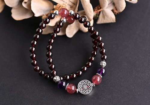 CaWaiiDaisy Handmade Jewelry 紅石榴石+紫水晶+草莓晶純銀花朵雙圈手鍊