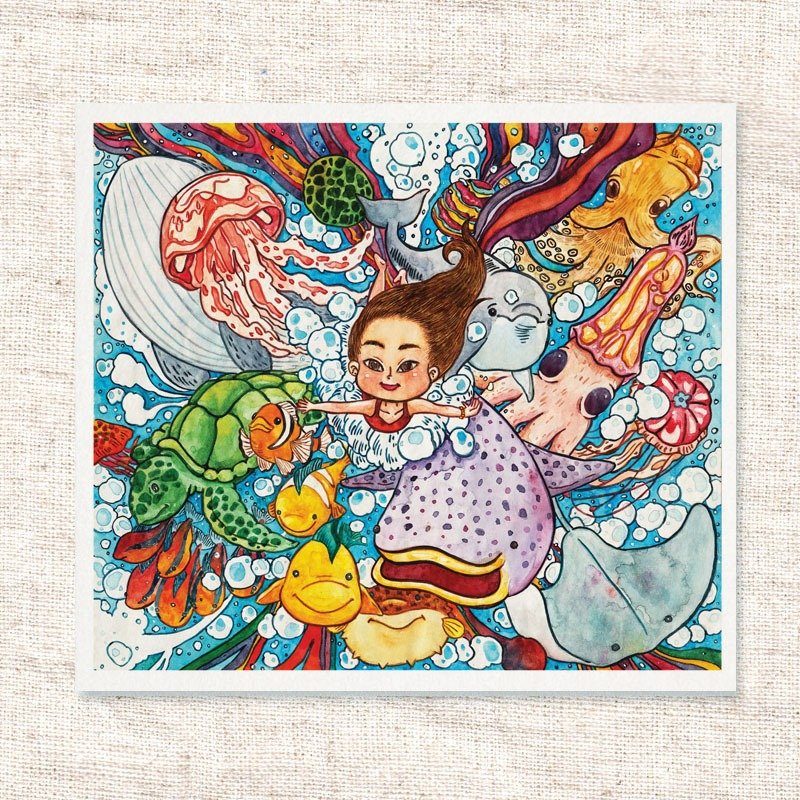 手描き水彩はがき、グリーティングカード。ブルービールオーシャン - はがき・メッセージカード - 紙 