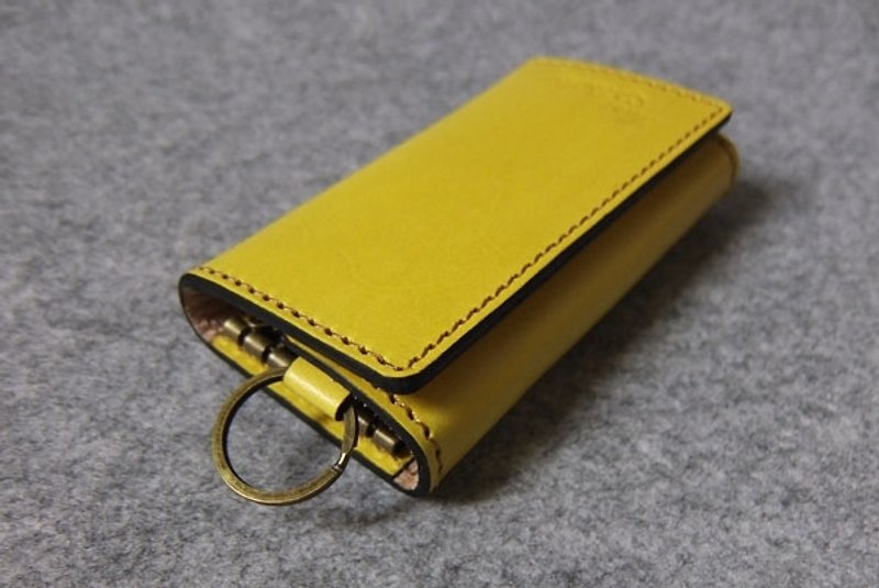 Handmade leather design leather keychain series of double-fold double sandwich mustard yellow leather Wallets K17 - Keychains - Genuine Leather Multicolor