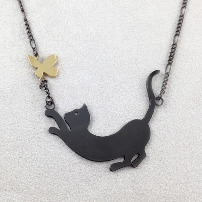 Ohappy Animal Series | Small Cat + Butterfly Stainless Steel Black Necklace - Necklaces - Other Metals Black