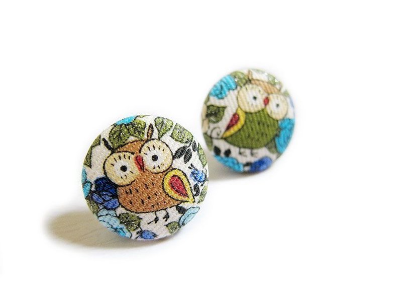 Cloth buckle earrings owl (coffee & amp; Green) - Earrings & Clip-ons - Other Materials 