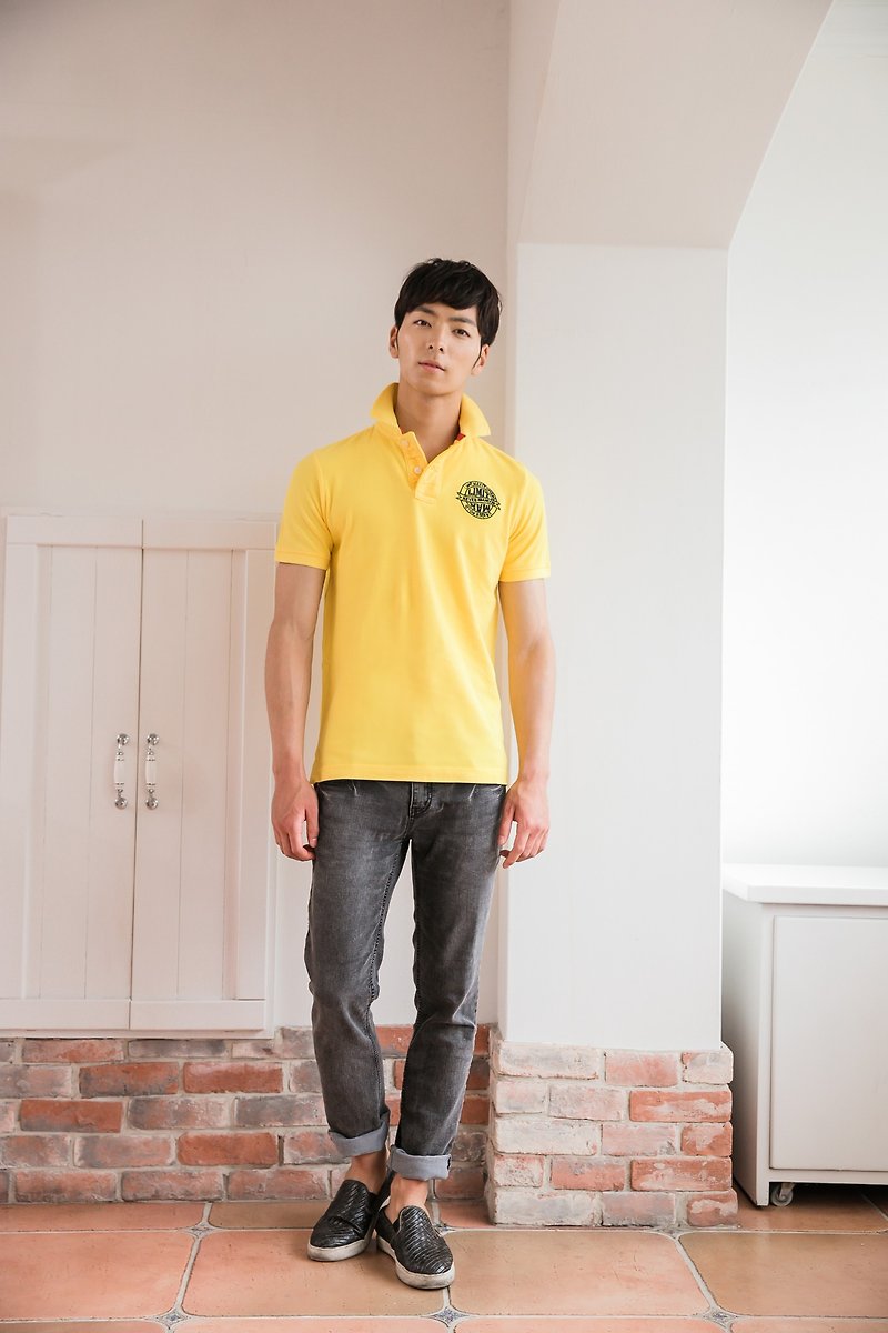Cotton mesh Polo shirt with dazzling yellow imprint badge design - Men's T-Shirts & Tops - Cotton & Hemp Yellow