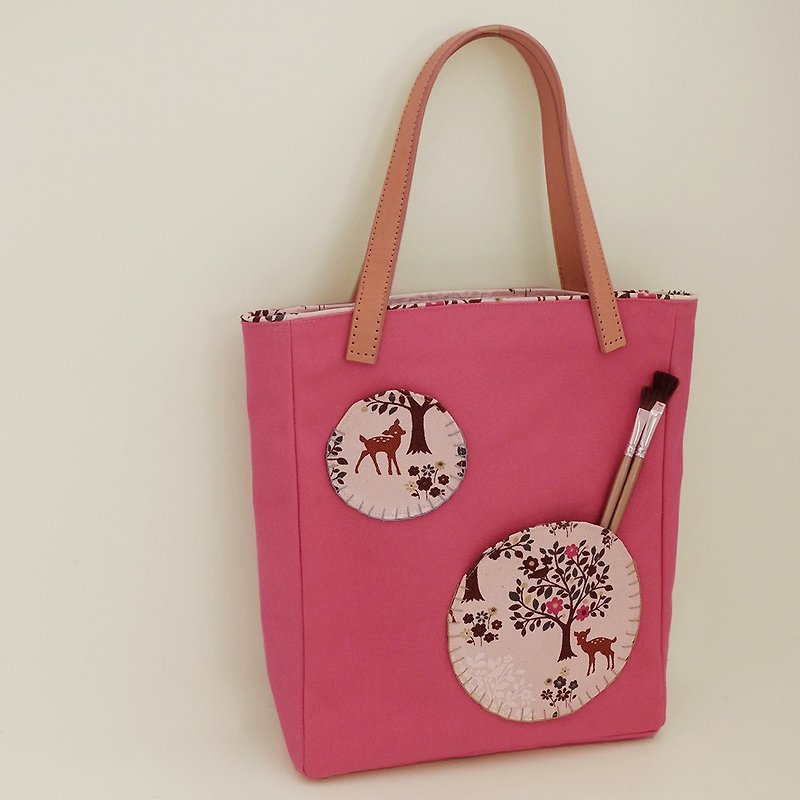 兩塊鹿餅乾　A4散步小包　植物鞣革提把　日本印花帆布　手縫 - 側背包/斜背包 - 其他材質 粉紅色