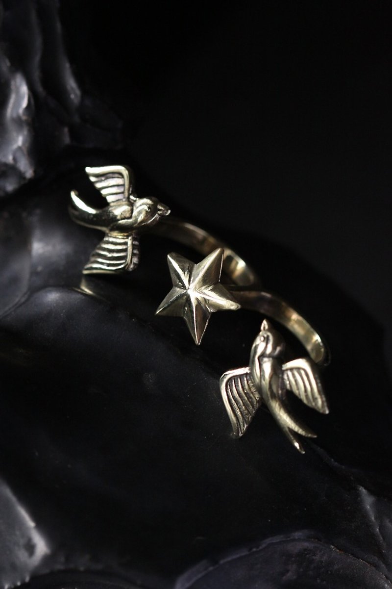 Two Swallows and Star Double Ring by Defy - Cool Statement Handmade Jewelry - General Rings - Other Metals 