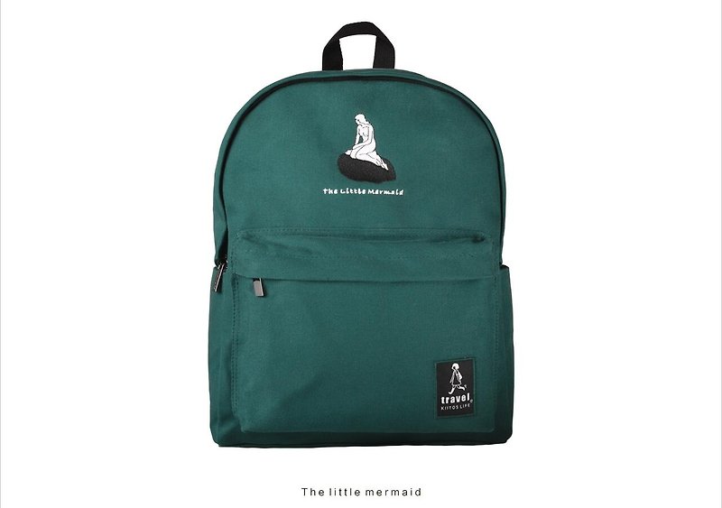 KIITOS Travel Theme Thick Canvas Embroidered Backpack Laptop Backpack Backpack-Mermaid - กระเป๋าเป้สะพายหลัง - ผ้าฝ้าย/ผ้าลินิน สีเขียว
