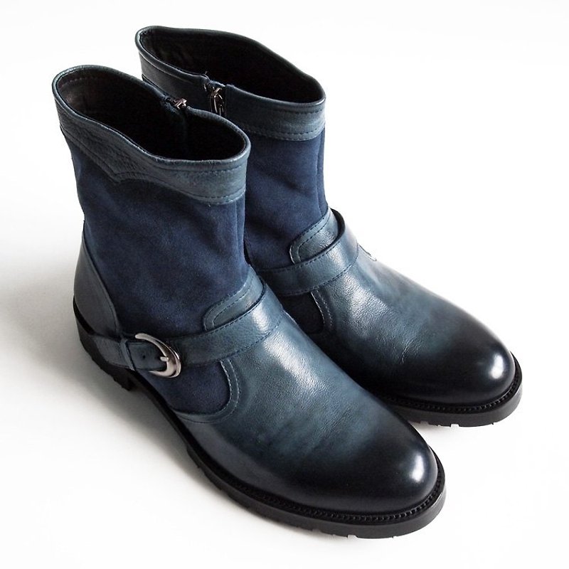 LMdH wash old leather ENGINEER BOOTS zipper engineer boots motorcycle boots ‧ blue ‧ free shipping - รองเท้าบูธผู้ชาย - หนังแท้ สีน้ำเงิน