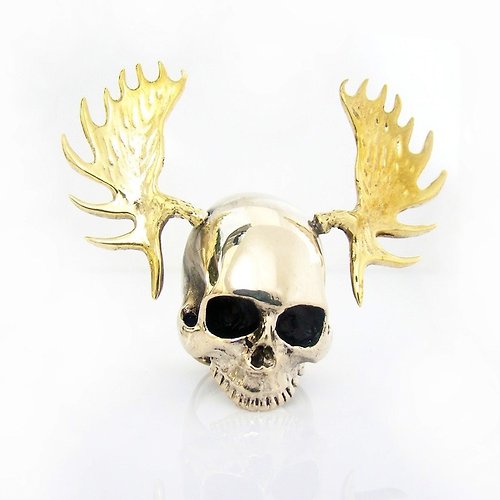 MAFIA JEWELRY Skull with moose horn ring ,Rocker jewelry ,Skull jewelry,Biker jewelry