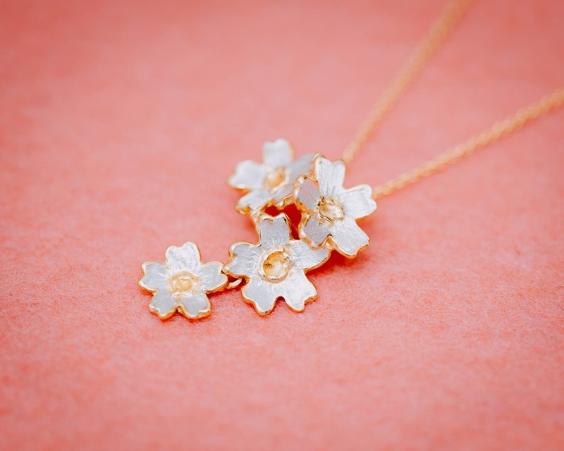 Cherry blossom necklace - Four flowers - Sakura pendant & chain - Japanese - สร้อยคอ - โลหะ 