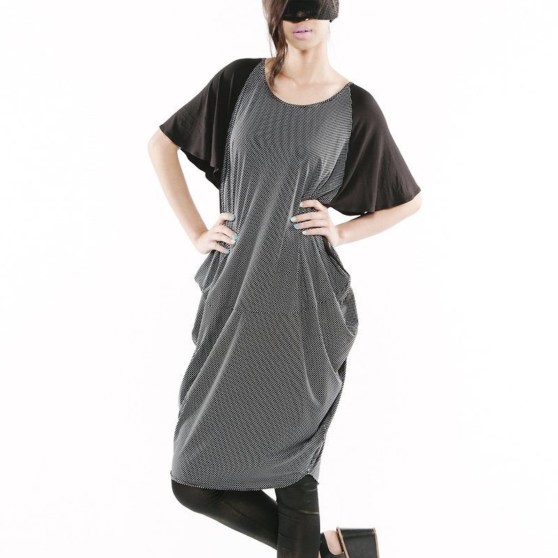 [Dress] Ruffled pendant dress <Black dots/Gray x2 color> - ชุดเดรส - วัสดุอื่นๆ หลากหลายสี