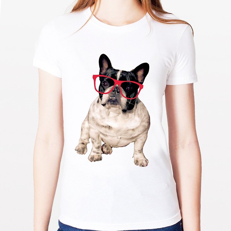 Glasses French Bulldog Girls Short Sleeve T-Shirt-White Glasses French Bulldog Animal Art Design Fashionable Text Fashion - เสื้อยืดผู้หญิง - วัสดุอื่นๆ ขาว