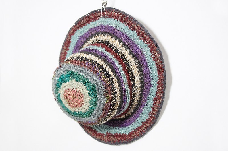棉．麻 帽子 多色 - 情人節禮物 手工限量棉麻編織帽/編織帽/漁夫帽 - 紫色混色線條 ( 限量一件 )