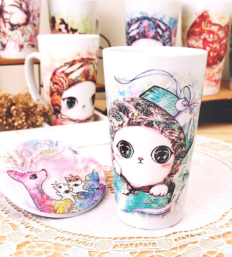 Value combination: good meow latte + ceramic cup + double-sided design beautiful handbag - แก้วมัค/แก้วกาแฟ - วัสดุอื่นๆ 