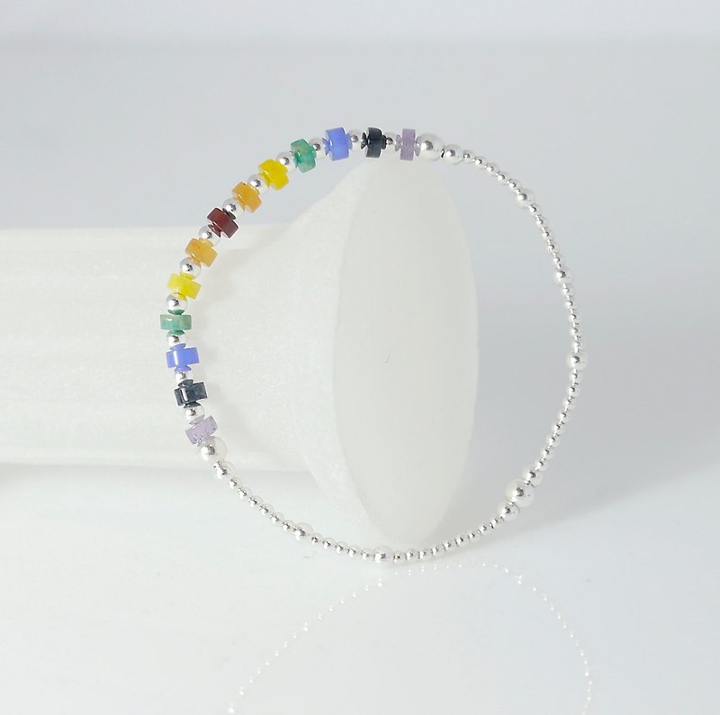 Hi Zizi Pebbles~Rainbow Natural Stone Sterling Silver Elastic Bracelet (Stone - Bracelets - Gemstone Multicolor