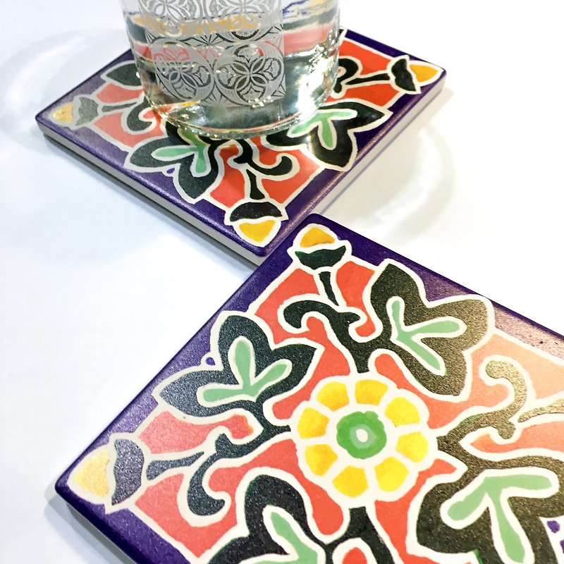 Oriental Series Floral Coaster【Great Fortune】 - Coasters - Pottery Blue