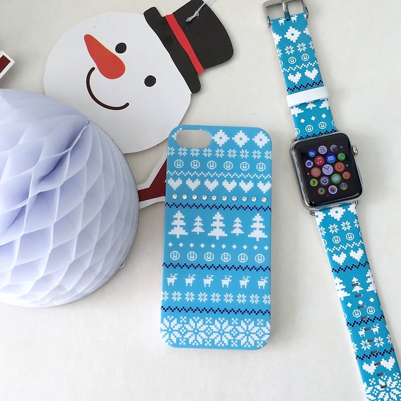 聖誕限定禮物套裝 Apple Watch  藍色可愛幾何圖案 iPhone 手機殼 - 手機殼/手機套 - 真皮 藍色