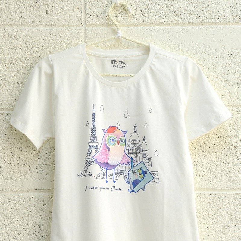 -情人節禮物-【世界旅行貓頭鷹-女孩】情侶裝/短袖T-shirt - 女 T 恤 - 棉．麻 白色
