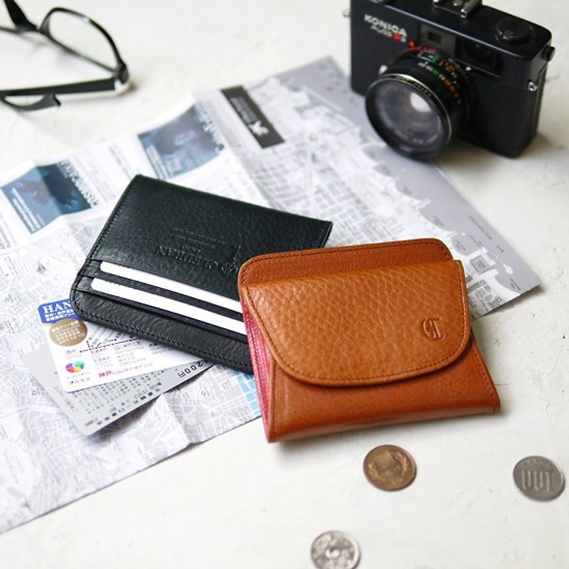 Japan Multifunctional Storage collision color leather purse wallet only black models Made in Japan by CLEDRAN - กระเป๋าใส่เหรียญ - หนังแท้ สีดำ