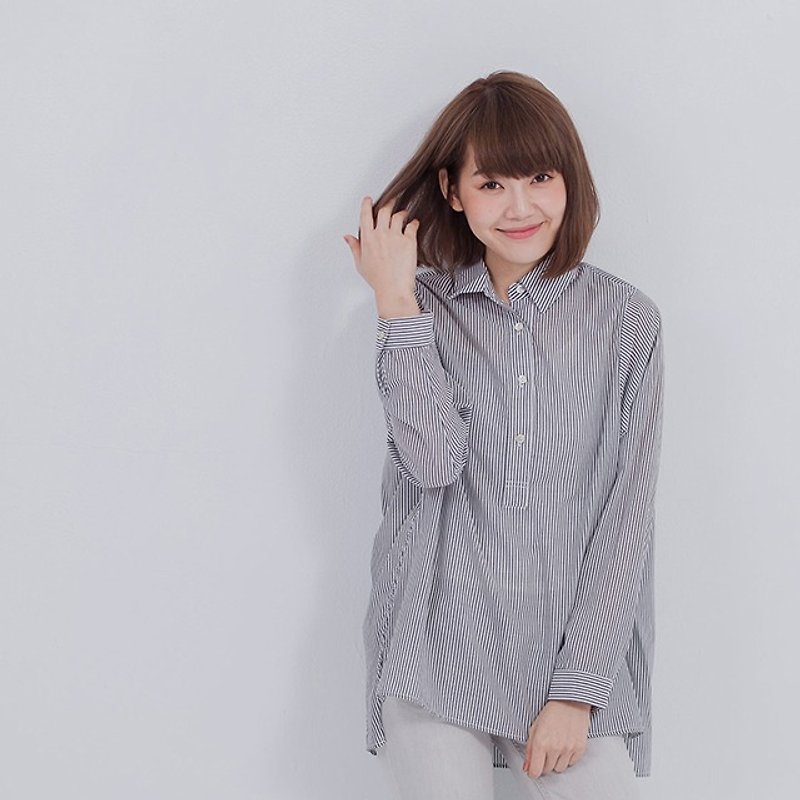 Nydia lone sleeve stripe blouse - シャツ・ブラウス - 紙 ブラック