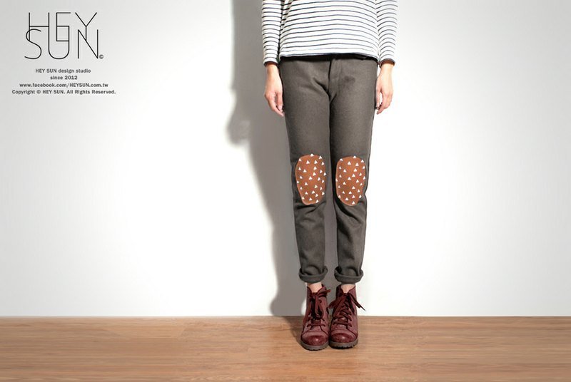 【M0284】HEY SUN獨立手作品牌‧仙人掌刺刺膝蓋撞色補丁毛呢褲-灰 - Women's Pants - Other Materials Gray