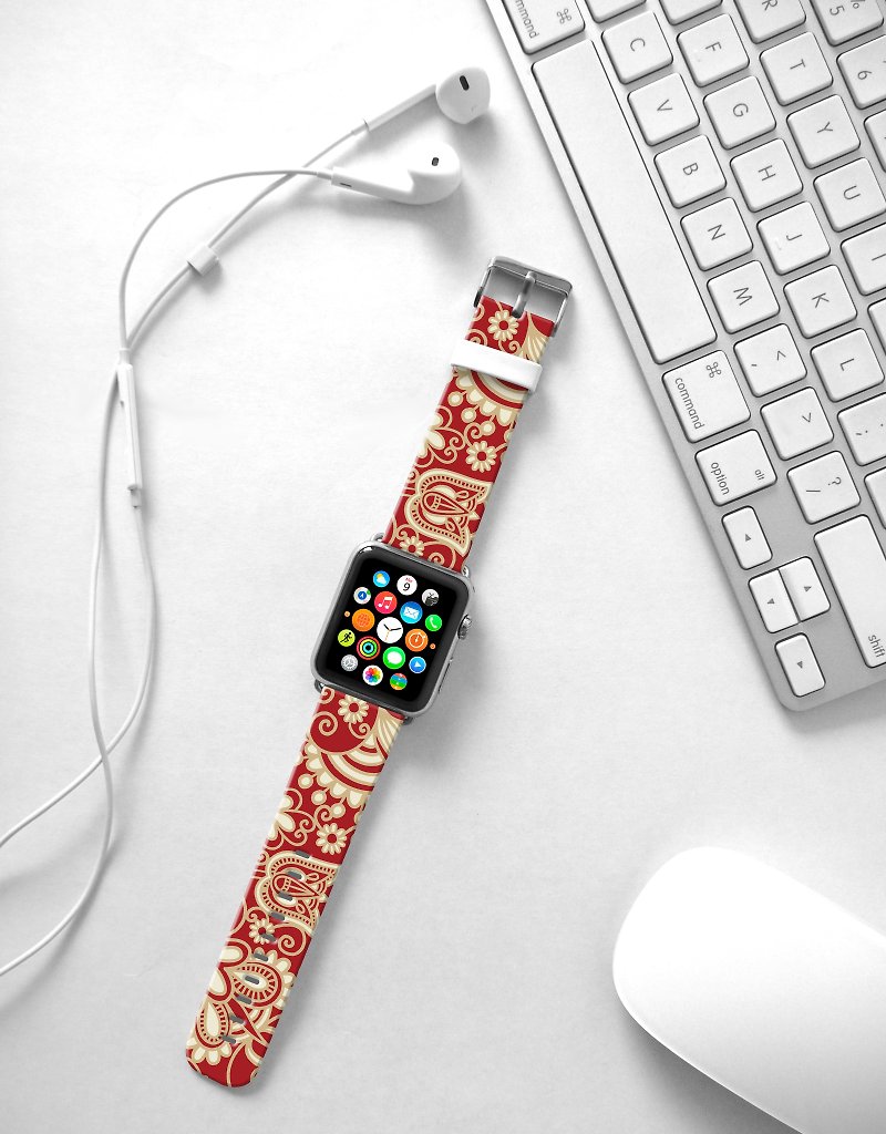 Apple Watch Series 1 , Series 2, Series 3 - Red Golden Floral pattern Watch Strap Band for Apple Watch / Apple Watch Sport - 38 mm / 42 mm avilable - Watchbands - Genuine Leather 