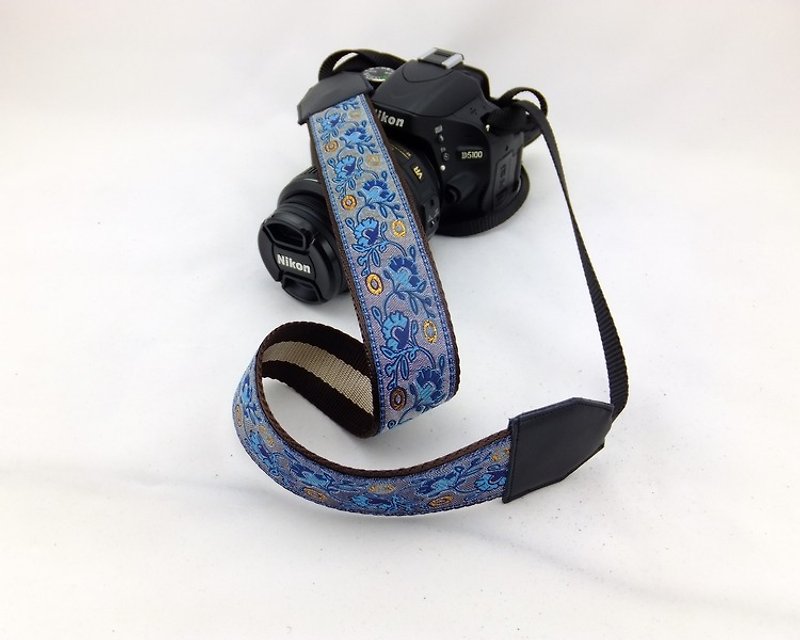 相機背帶 個性客製 可印字 真皮拼接 刺繡花紋  民族風024 - 相機帶/腳架 - 真皮 藍色