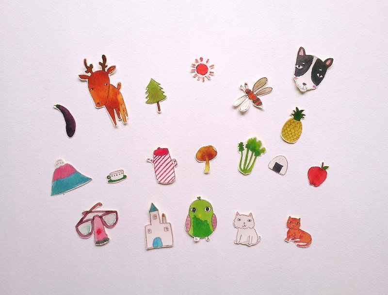 小精靈手繪貼紙-有小鹿、小狗狗、小山跟好吃的蔬果 - สติกเกอร์ - กระดาษ สีเขียว