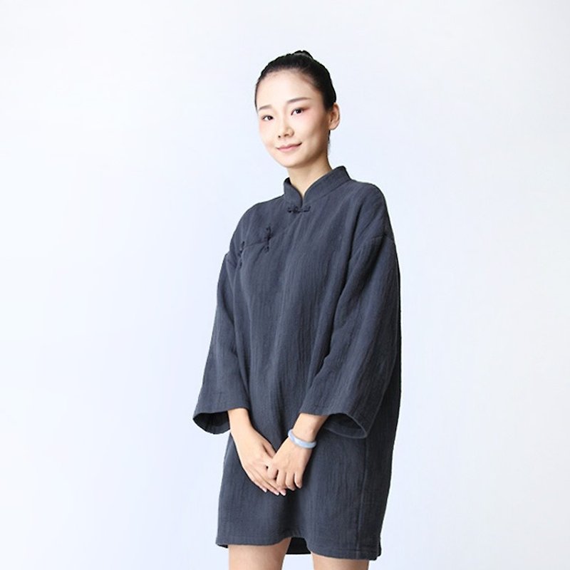 BUFU oversize  thickening  cotton Chinese dress  D150601 - Qipao - Cotton & Hemp Gray