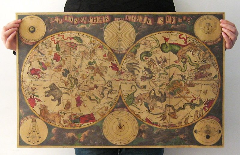 god leading poster [series] 1680 ancient zodiac constellation map kraft paper poster retro decorative painting 71 * 48cm - โปสเตอร์ - กระดาษ สีนำ้ตาล