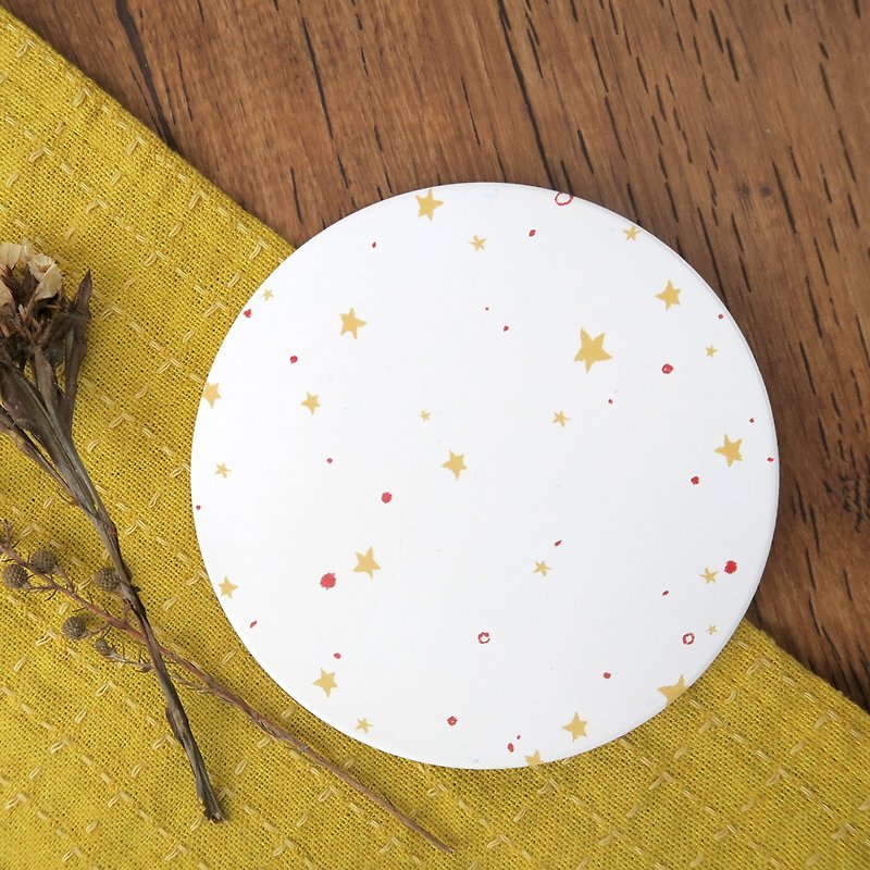 Quiet starry sky // Absorbent ceramic coaster // Yellow stars and red dots are dancing - Coasters - Other Materials Red