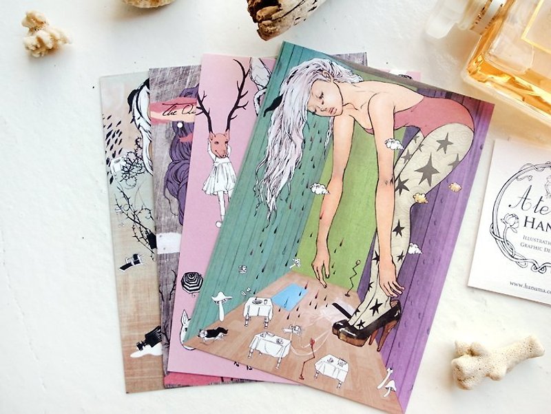 Atelier Hanu 手繪插畫童話系列卡片/明信片  一套四款 - 心意卡/卡片 - 紙 多色