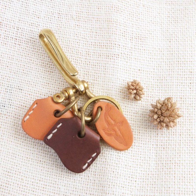 Solid Brass Key Hook / Fish Hook with Key Cover / Initials Name Stamp / Fish hook with Shackle Joint Split keyring - Keychains - Genuine Leather Brown