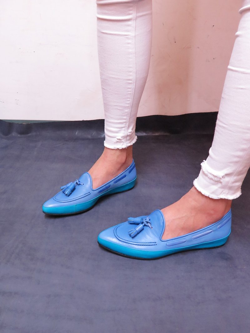 H THREE flow Sule Fu pointed shoes / Blue - รองเท้าอ็อกฟอร์ดผู้หญิง - หนังแท้ สีน้ำเงิน