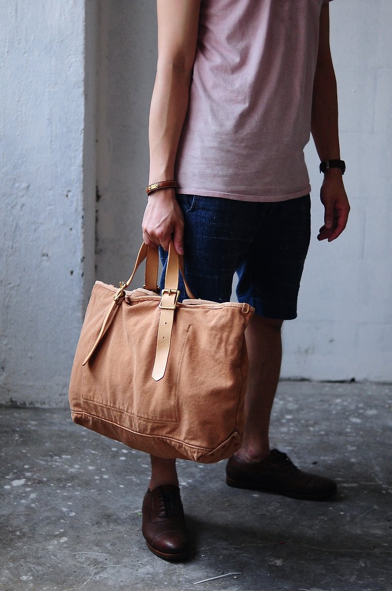 Handmade Washed Out Leather And Canvas Tote Bag/ Shoulder Bag/ Travelling Bag - อื่นๆ - วัสดุอื่นๆ 