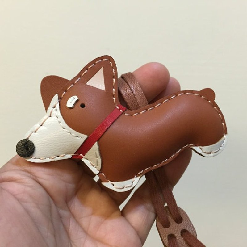 Taiwan} {Leatherprince handmade leather brown MIT can Aike Ji hand sewn leather strap / Nana the Corgi cowhide leather charm in Brown (Small size / small size) - ที่ห้อยกุญแจ - หนังแท้ สีนำ้ตาล