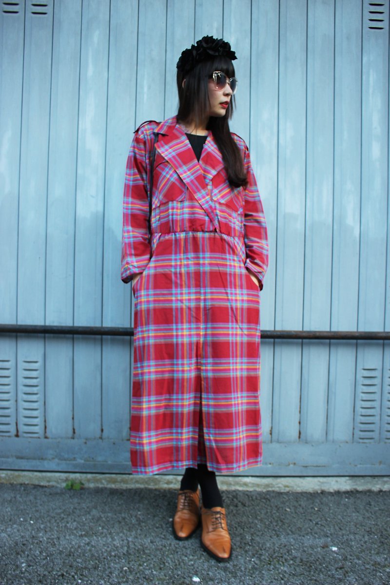 F1804 [American-made bids] (Vintage) vintage red plaid long-sleeved cotton dress [Made in USA] - One Piece Dresses - Other Materials Red