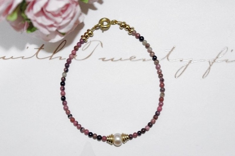 Natural stone x brass button bracelet _ tiny rainbow - Bracelets - Gemstone Pink