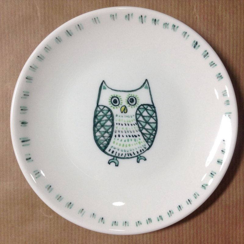 貓頭鷹(綠)-6吋手繪蛋糕瓷盤【可客製姓名/字句】 - 碟子/醬料碟 - 其他材質 綠色