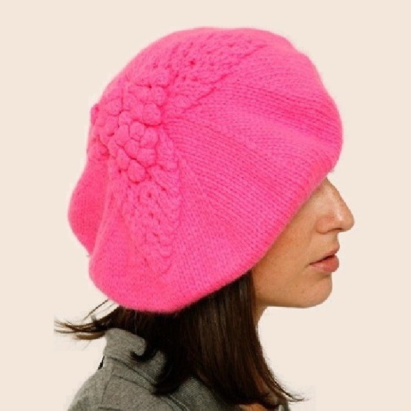 Pink Virgin Wool Leaf Beret - หมวก - ขนแกะ สึชมพู