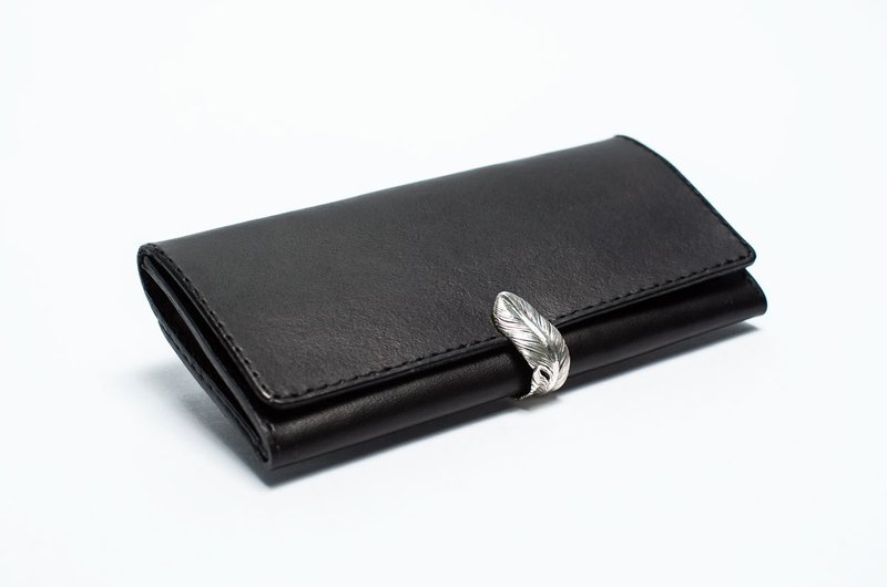 Hane Wallet feather - hand-stitched leather plant knead long clip - Wallets - Genuine Leather Black