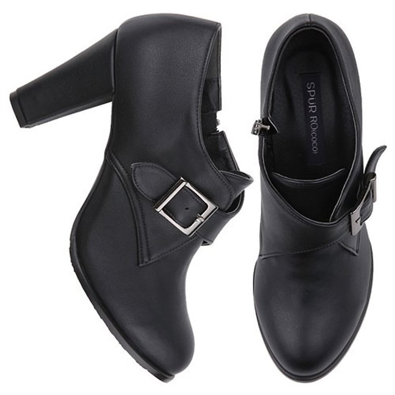 【Korean trend】SPUR Belted loafer heels FF8034 BLACK - รองเท้าส้นสูง - หนังแท้ สีดำ