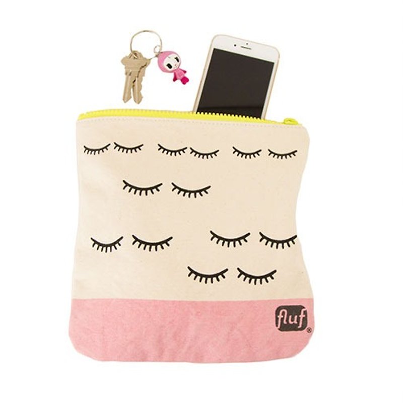 【加拿大fluf有機棉】拉鍊包--(眨眨眼) - 化妝包/收納袋 - 棉．麻 粉紅色
