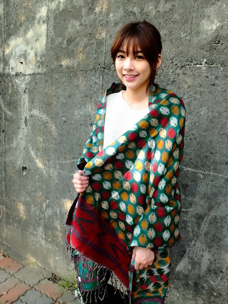 【Grooving the beats】Hand woven Ethinic Shawl / Scarf / Blanket（Tube_ Blue） - Scarves - Other Materials Green