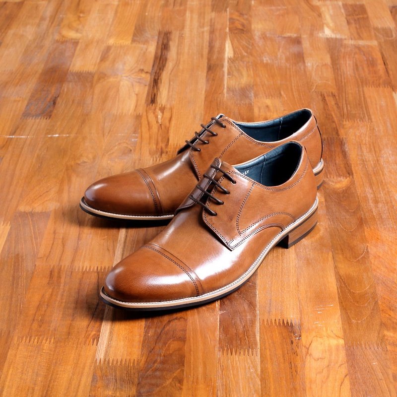 Vanger elegant and beautiful ‧ simple texture Cap-Toe Derby shoes Va192 brown - รองเท้าอ็อกฟอร์ดผู้ชาย - หนังแท้ สีนำ้ตาล