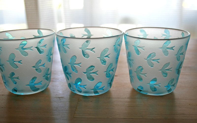 鳥模様のグラス - 急須・ティーカップ - ガラス ブルー