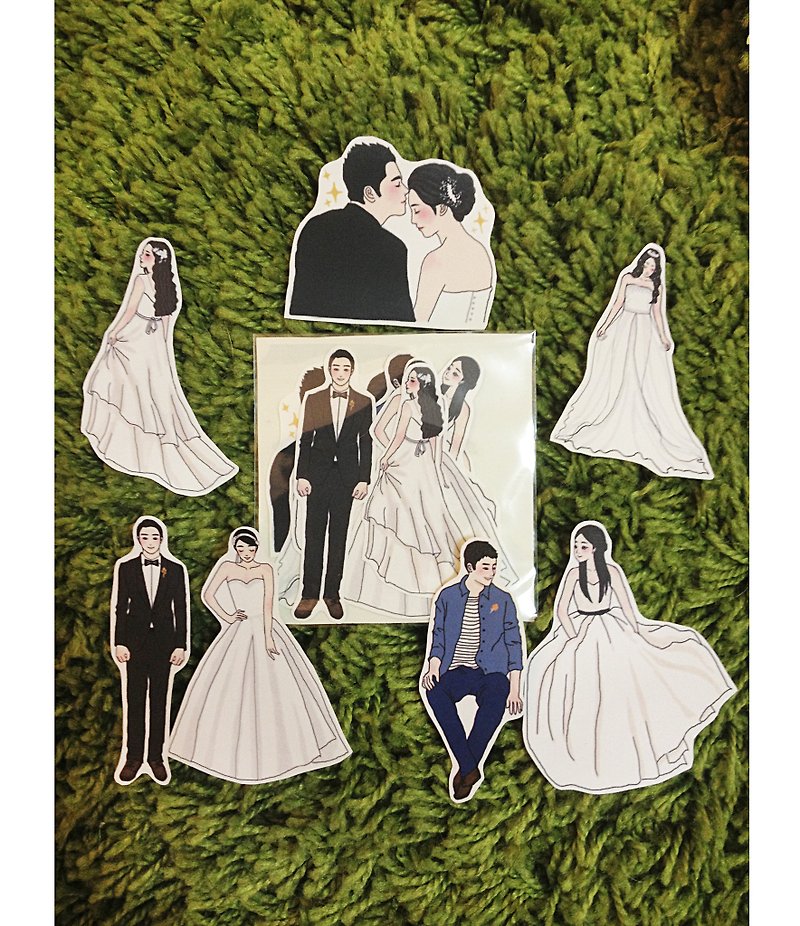 花嫁系列-婚禮新人插畫貼紙（七入） - 貼紙 - 紙 白色